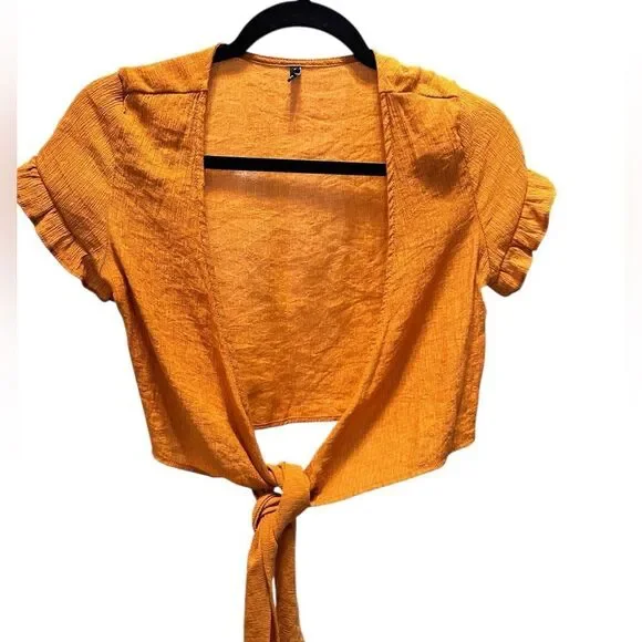 NWOT Zaful Women’s Orange Tie-Front Flutter Sleeve Crop Top - Size Small - Picture 2 of 6